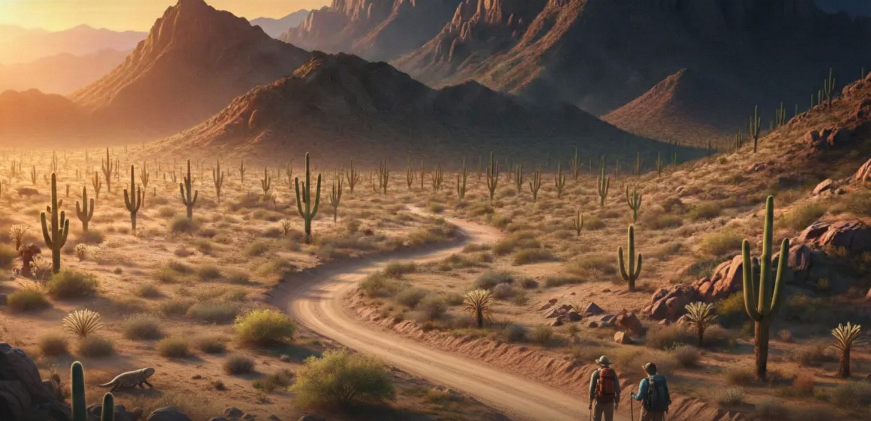 Chuckwalla desert mountains, saguaro silhouettes, and a winding road at dusk
